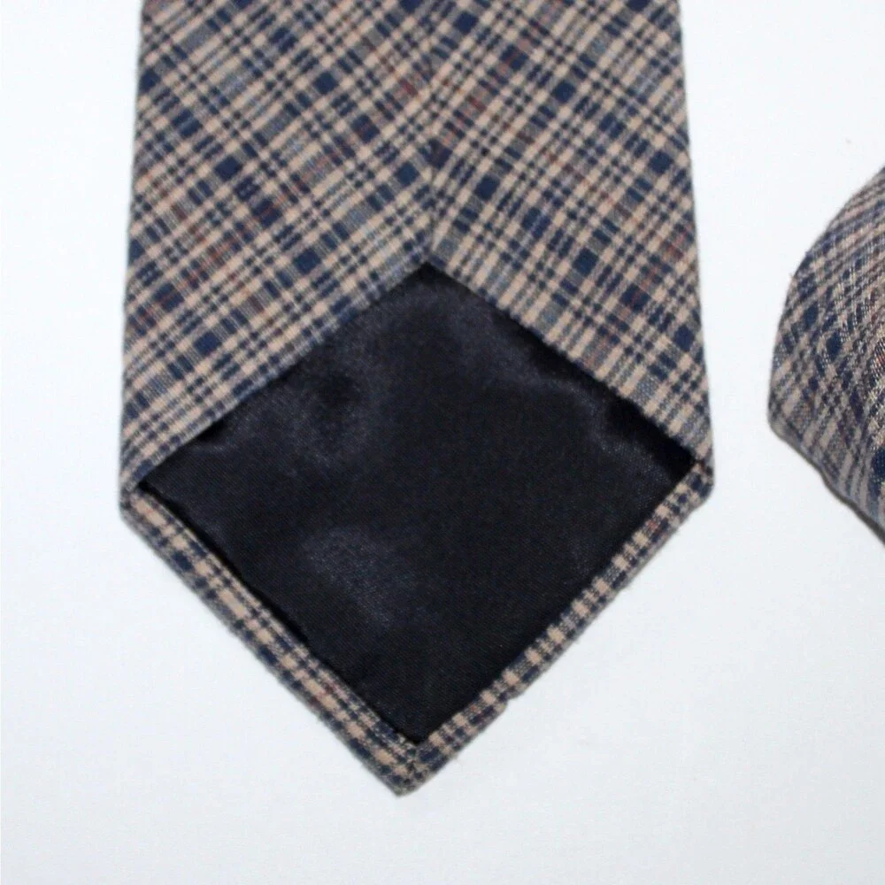Beans McGee Necktie plaid blue tan vintage USA traditional cotton linen